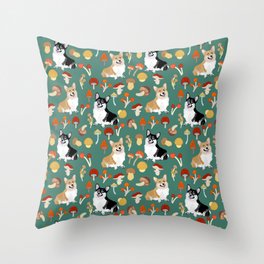 Happy Corgis In Fall Forest Searching For Mushrooms I - Teal  Throw Pillow