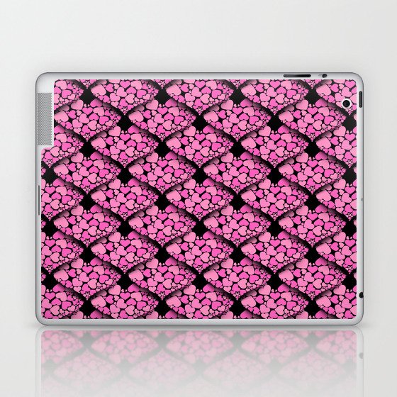 When Hearts Meet Together Pattern - Girly Pink Hearts (On Black) Laptop & iPad Skin