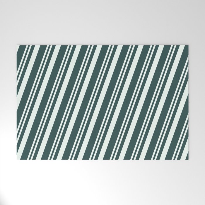 Mint Cream & Dark Slate Gray Colored Pattern of Stripes Welcome Mat