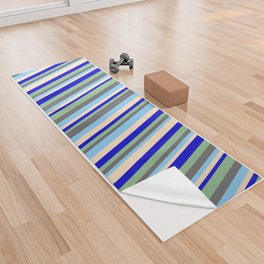 [ Thumbnail: Light Sky Blue, Dim Gray, Dark Sea Green, Blue & Bisque Colored Lined/Striped Pattern Yoga Towel ]