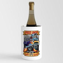 Speed Shop Hot Rod Muscle Car Parts and Service Vintage Cartoon Illustration Wine Chiller