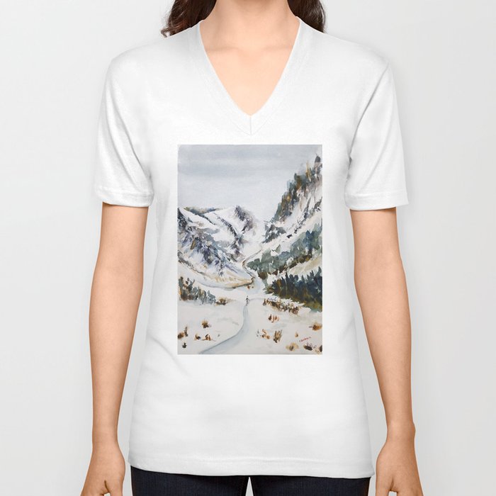 Watercolor Winter Mountains Landscape V Neck T Shirt