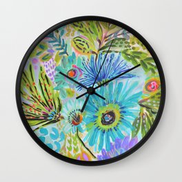 Flowers in Blue Wall Clock | Beautiful, Pretty, Happy, Abstract, Bright, Flowers, Fresh, Cottagestyle, Bold, Garden 