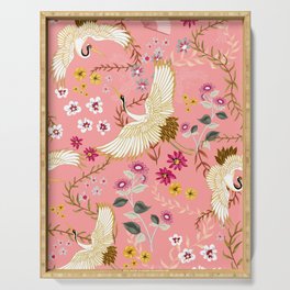 Chinoiserie cranes on pink, birds, flowers,  Serving Tray