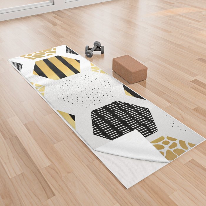 Gold Black White Hexagons Pattern Yoga Towel