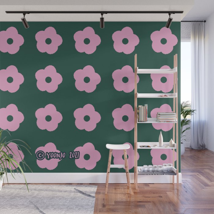 Pink cute flowers. Flowers that harmonize with patterns. pink and green. Wall Mural
