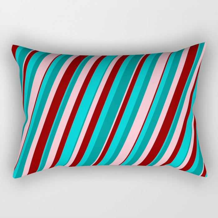 Dark Turquoise, Dark Cyan, Pink & Maroon Colored Pattern of Stripes Rectangular Pillow
