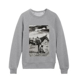 American West Texas cowboy and his horse overseeing wild horses on the range vintage historical black and white photograph - photography - photographs Kids Crewneck