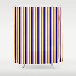 [ Thumbnail: Dark Salmon, White, Chocolate, Pale Goldenrod, and Dark Blue Colored Lines/Stripes Pattern Shower Curtain ]