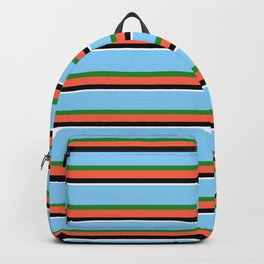 [ Thumbnail: Light Sky Blue, Forest Green, Red, Black, and White Colored Striped/Lined Pattern Backpack ]