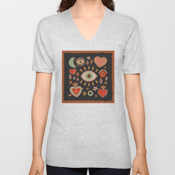 Sacred heart symbols & stars | Fall colors V Neck T Shirt