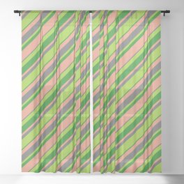 [ Thumbnail: Green, Forest Green, Dark Salmon, and Dim Gray Colored Striped/Lined Pattern Sheer Curtain ]