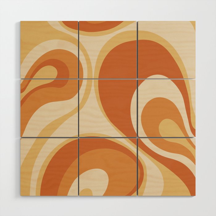 Psychedelic Retro Abstract Design in Orange, Yellow and Cream Wood Wall Art