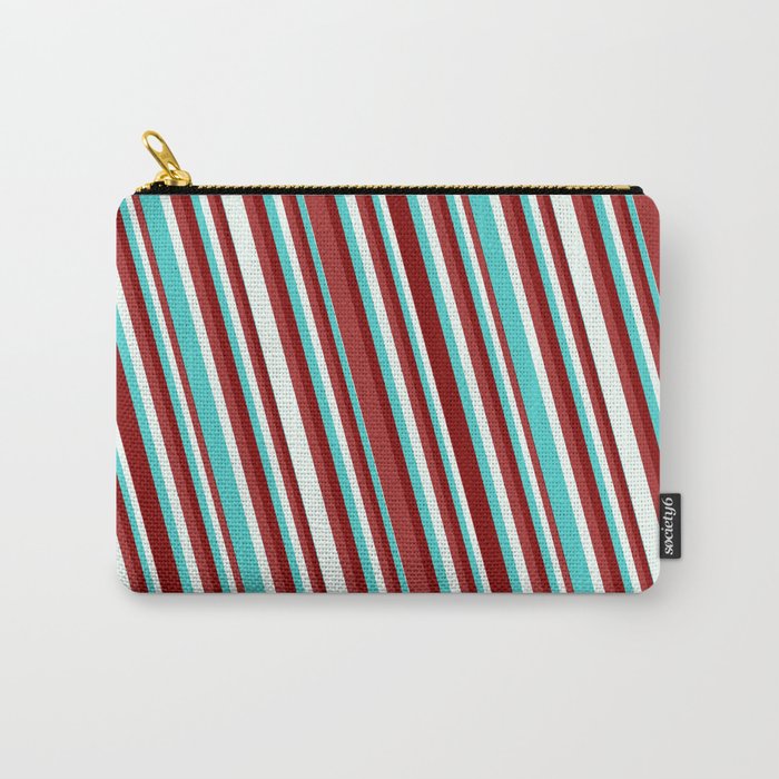 Turquoise, Maroon, Brown & Mint Cream Colored Pattern of Stripes Carry-All Pouch