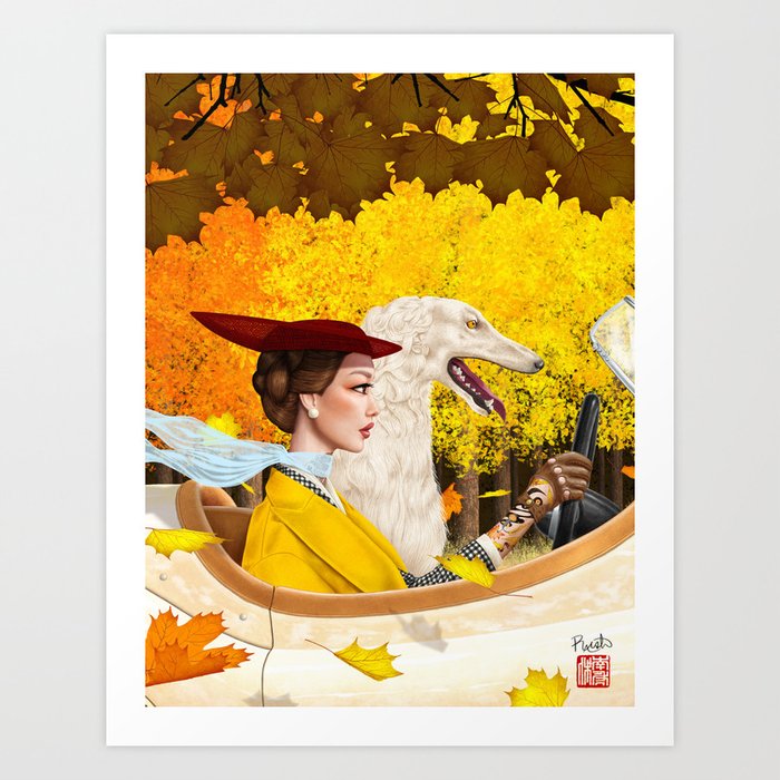 Autumn Drive with Borzoi Art Print