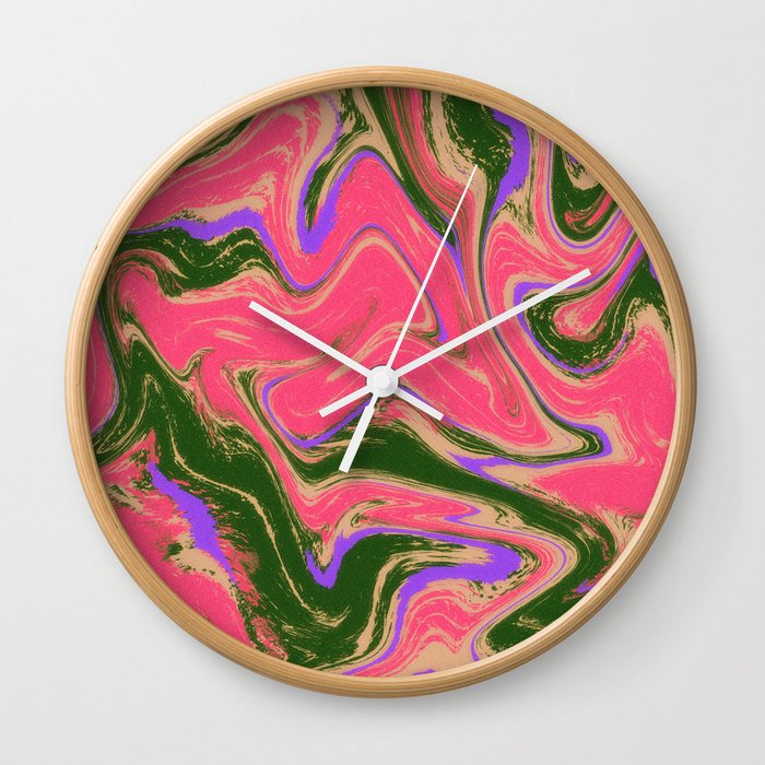 Pink and Green Wavy Grunge Wall Clock