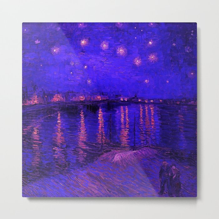 Starry Night Over the Rhone landscape painting by Vincent van Gogh in alternate midnight blue with pink stars Metal Print