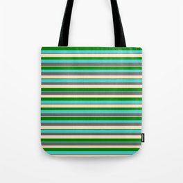 [ Thumbnail: Green, Turquoise, Dim Grey, and Bisque Colored Striped/Lined Pattern Tote Bag ]
