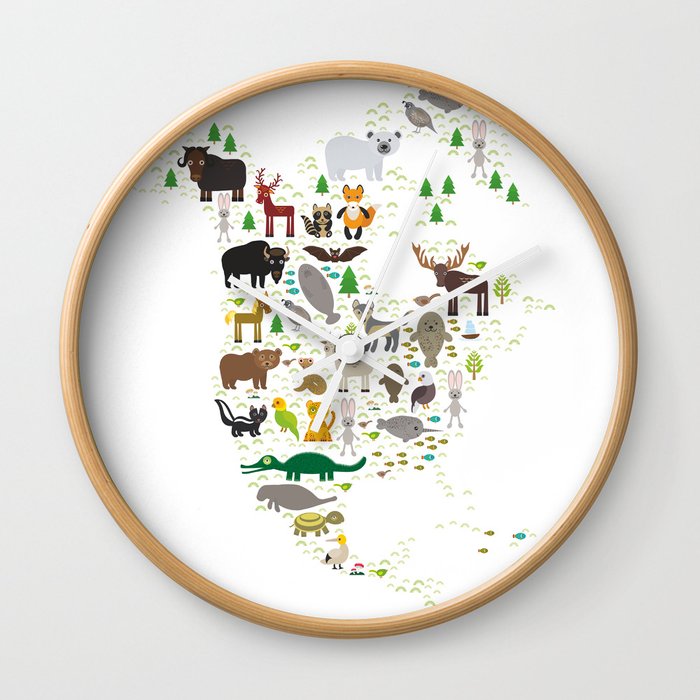 Map Of North America With Animals Bison Bat Manatee Fox Elk Horse Map Of North America With Animals Bison Bat Manatee Fox Elk Horse Wolf Partridge Seal Polar Bear Wall Clock By Ekaterinap Society6