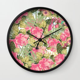 Country botanical pink forest green roses floral greenery Wall Clock