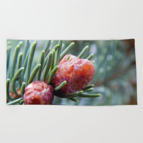 Tiny Red Pine Cones Beach Towel
