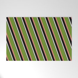 [ Thumbnail: Eyecatching Green, Light Coral, Black, Beige, and Dark Blue Colored Lined/Striped Pattern Welcome Mat ]