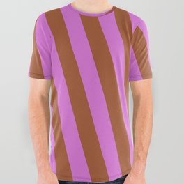 [ Thumbnail: Orchid and Sienna Colored Stripes/Lines Pattern All Over Graphic Tee ]
