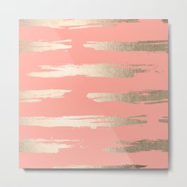 Simply Brushed Stripe in White Gold Sands on Salmon Pink Metal Print | Graphicdesign, Striped, Abstract, Shimmery, Texture, Sparkly, Warm, Coral, Yellow, Stripes 
