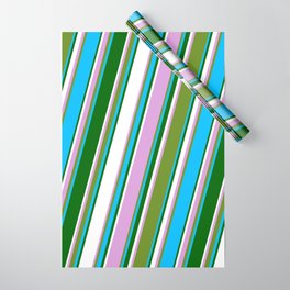 [ Thumbnail: Eye-catching Plum, Green, Deep Sky Blue, Dark Green, and White Colored Lined/Striped Pattern Wrapping Paper ]