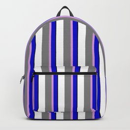 [ Thumbnail: Eyecatching Blue, Plum, Grey, White, and Black Colored Lines Pattern Backpack ]