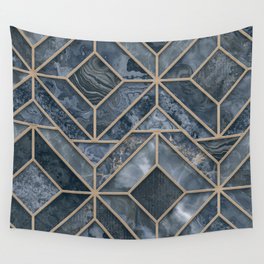 Blue Art Deco Inspired Gemstone Marble Stained Glass Design Wall Tapestry