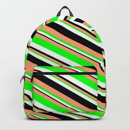 [ Thumbnail: Light Salmon, Lime, Mint Cream & Black Colored Striped/Lined Pattern Backpack ]