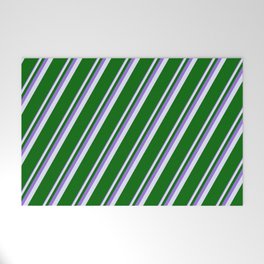 [ Thumbnail: Purple, Lavender & Dark Green Colored Pattern of Stripes Welcome Mat ]