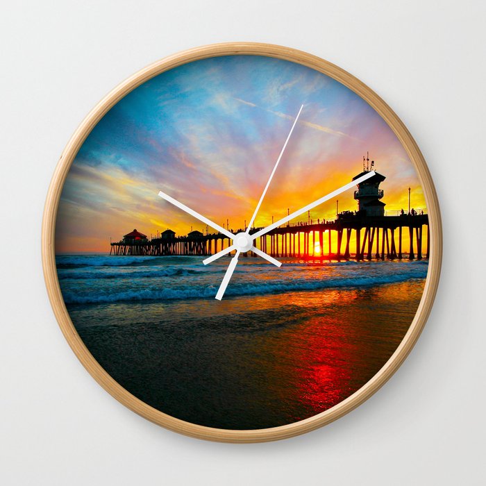 Sunset Huntington Beach Pier   Wall Clock