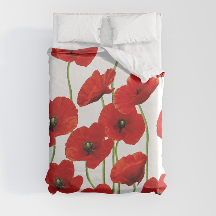 Poppies Flowers red field white background pattern Duvet Cover