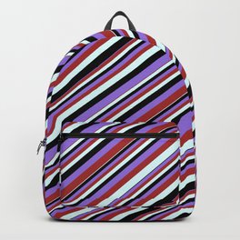 [ Thumbnail: Black, Purple, Brown, and Light Cyan Colored Stripes/Lines Pattern Backpack ]