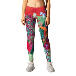 Red floral Jungle Garden Botanical featuring Proteas, Reeds, Eucalyptus, Ferns and Birds of Paradise Leggings