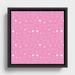 Pink and White Doodle Kitten Faces Pattern Framed Canvas