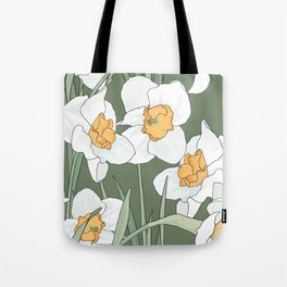 White daffodils on green background Tote Bag