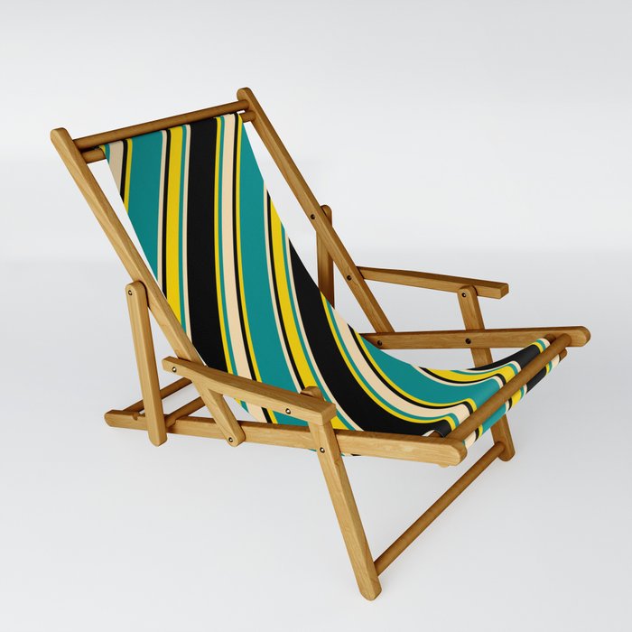Dark Cyan, Beige, Black, and Yellow Colored Lines/Stripes Pattern Sling Chair