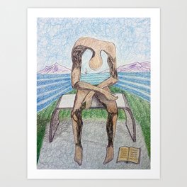 spin-off art: melancholy sculpture with a dropped open book and sea view Art Print