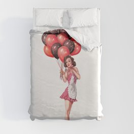 Sexy Brunette Pin Up With Tattoo, Baloons And Maid Dress Duvet Cover