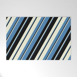 [ Thumbnail: Beige, Blue & Black Colored Pattern of Stripes Welcome Mat ]