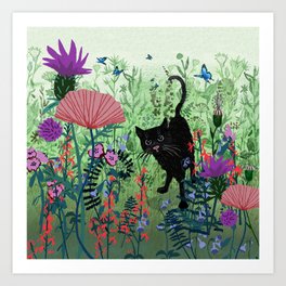 Black Cat in Garden Art Print
