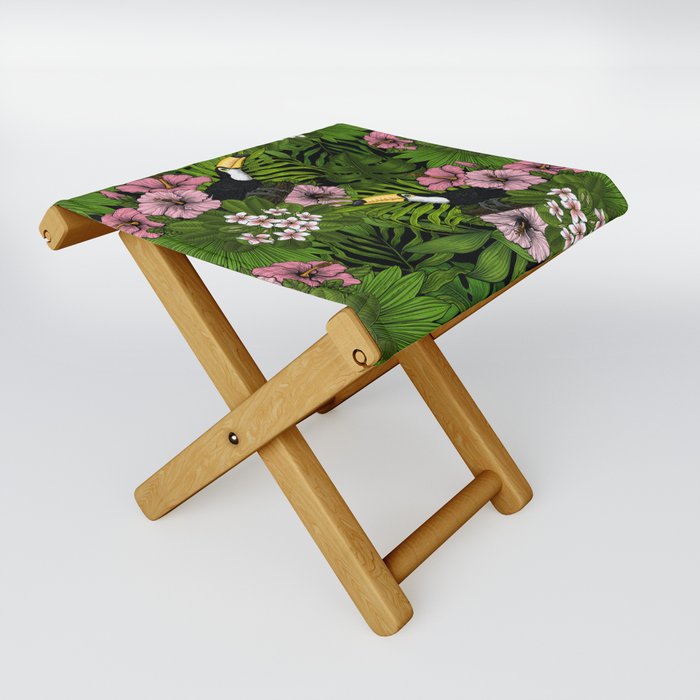 Toucans and tropical flora, green and pink Folding Stool