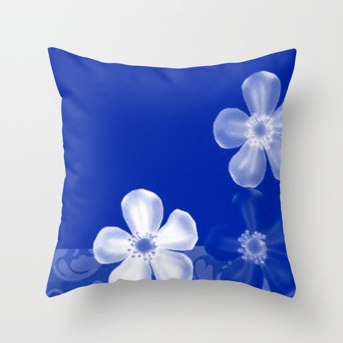 Retro 70s Flowers Sapphire Blue Throw Pillow
