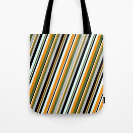 [ Thumbnail: Light Cyan, Dark Orange, Dark Olive Green, Grey, and Black Colored Striped Pattern Tote Bag ]