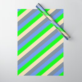 [ Thumbnail: Tan, Light Slate Gray, Cornflower Blue & Lime Colored Striped Pattern Wrapping Paper ]