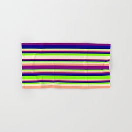 [ Thumbnail: Vibrant Chartreuse, Beige, Light Salmon, Purple & Dark Blue Colored Lines/Stripes Pattern Hand & Bath Towel ]