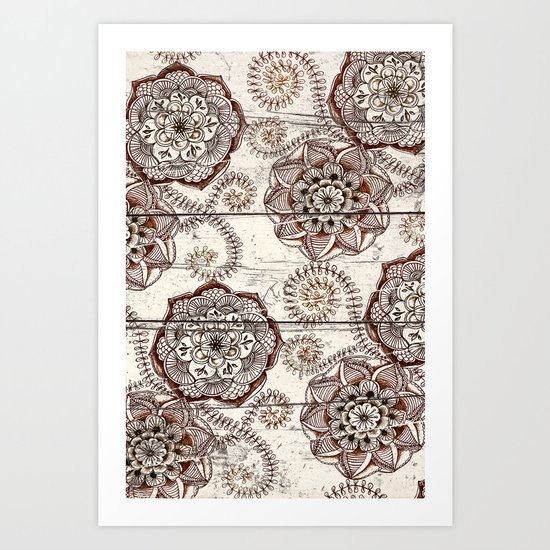 Coffee & Cocoa - brown & cream floral doodles on wood Art Print